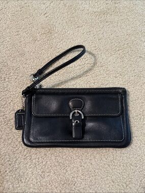 Coach Black Leather Wristlet Clutch with Silver Hardware